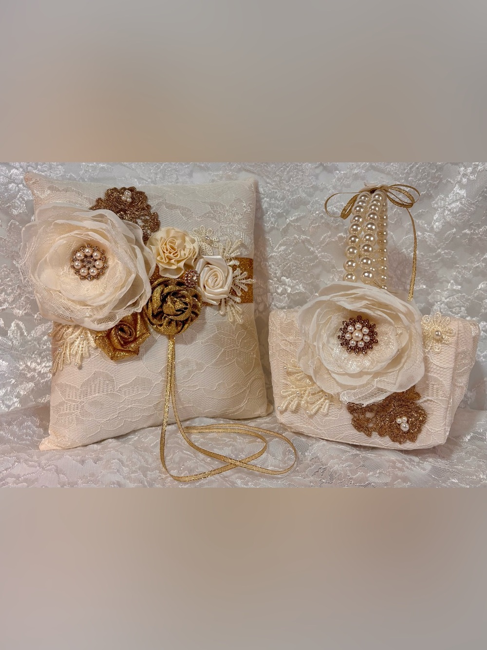 🌸 Handmade Ivory, Cream and Gold Ring Pillow and Flower Basket